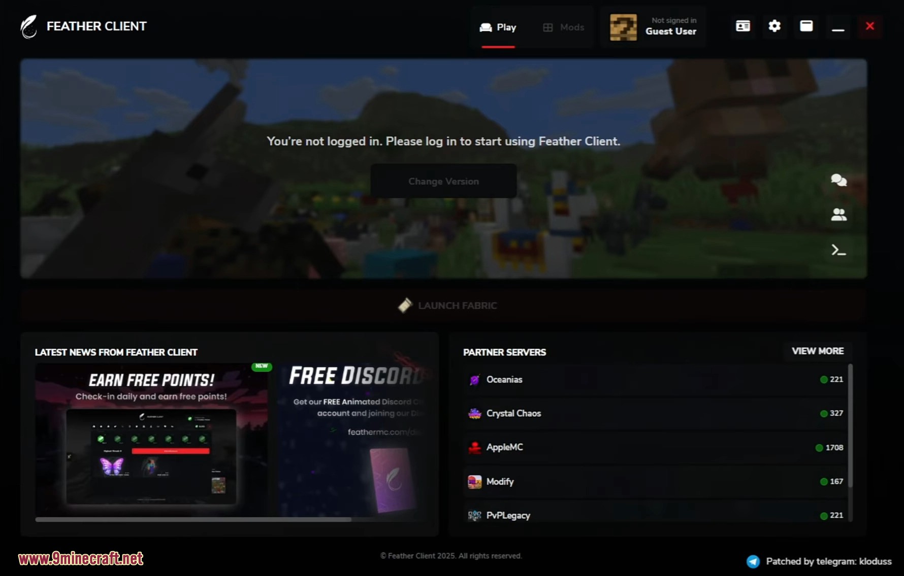 The main user interface of the Feather Client launcher