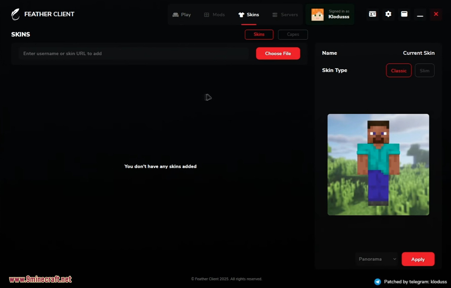 Managing Minecraft skins within the Feather Client launcher