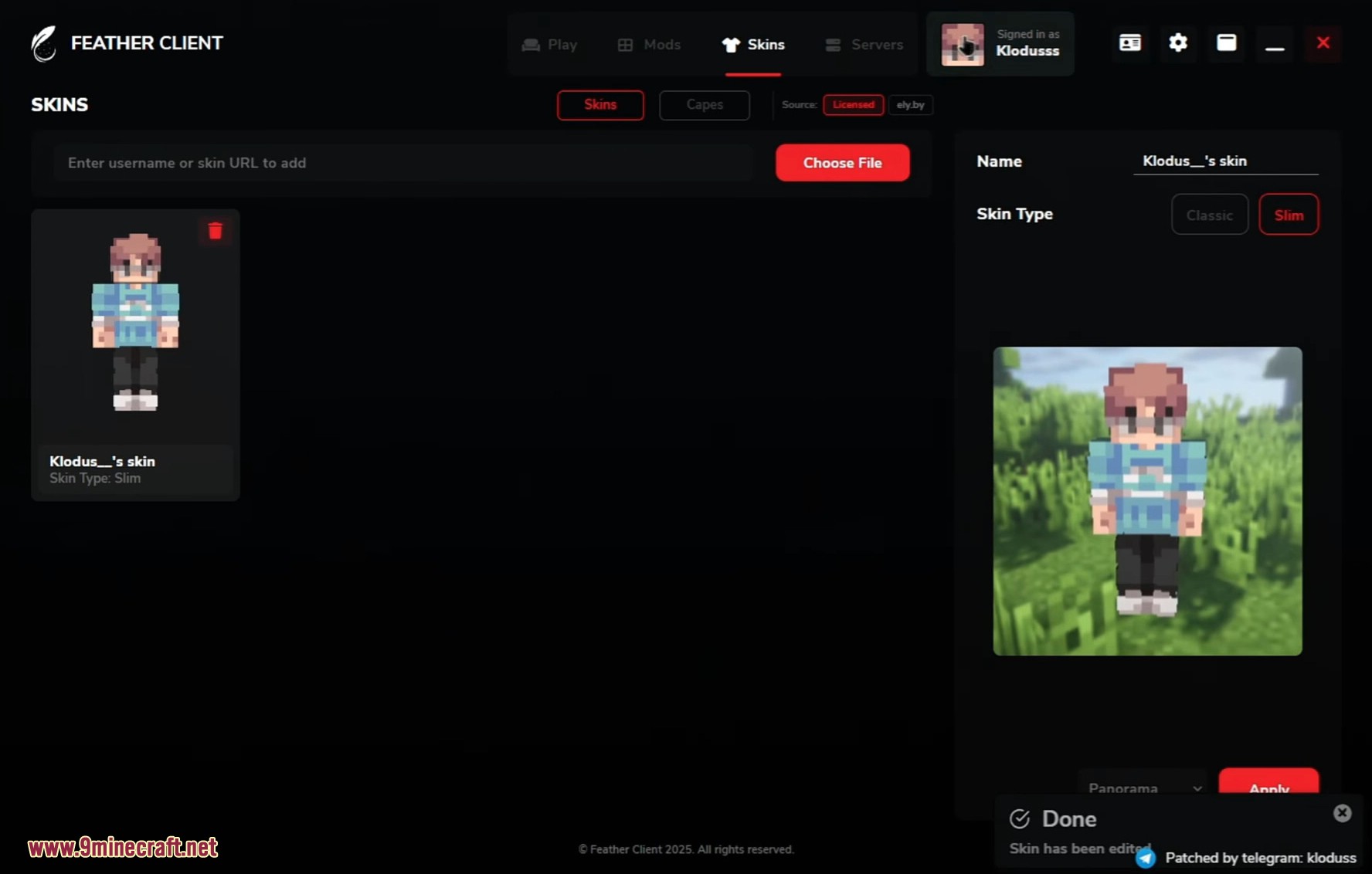 Applying a new custom player skin from the menu