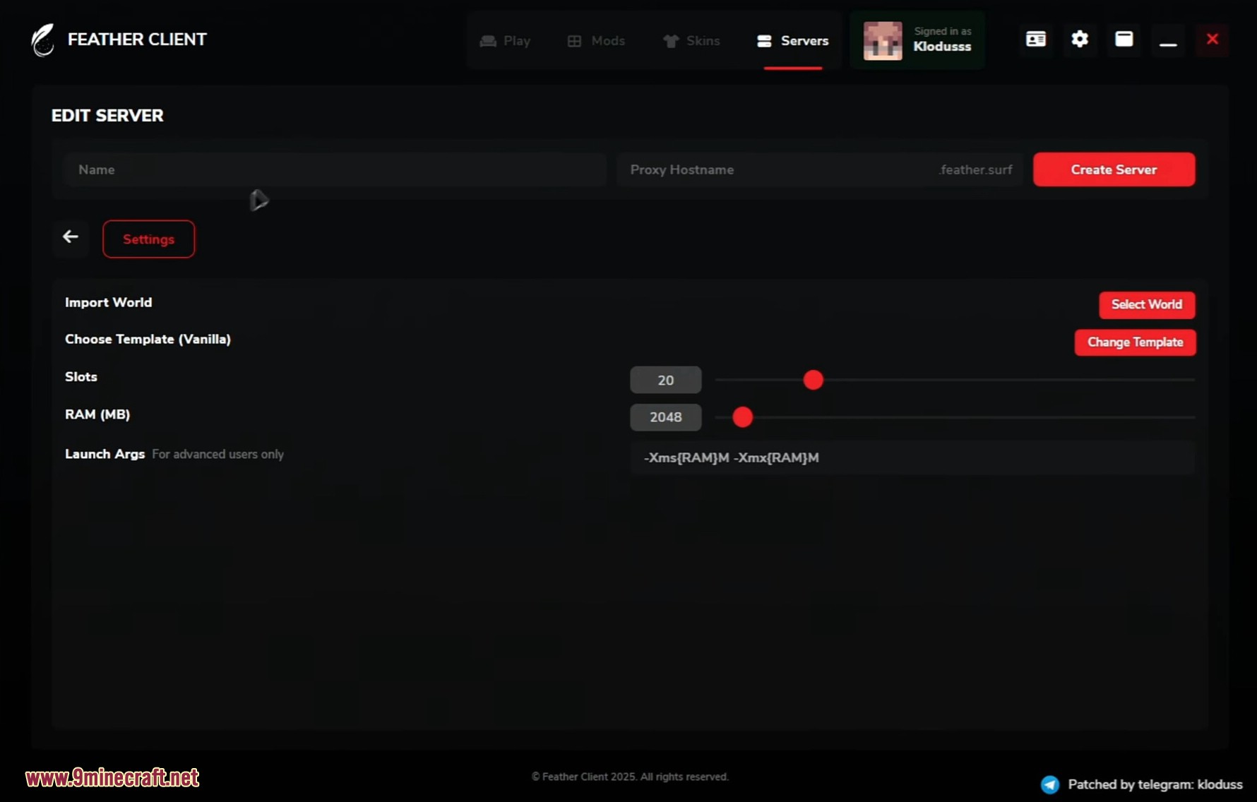 Configuring server settings like RAM and player slots