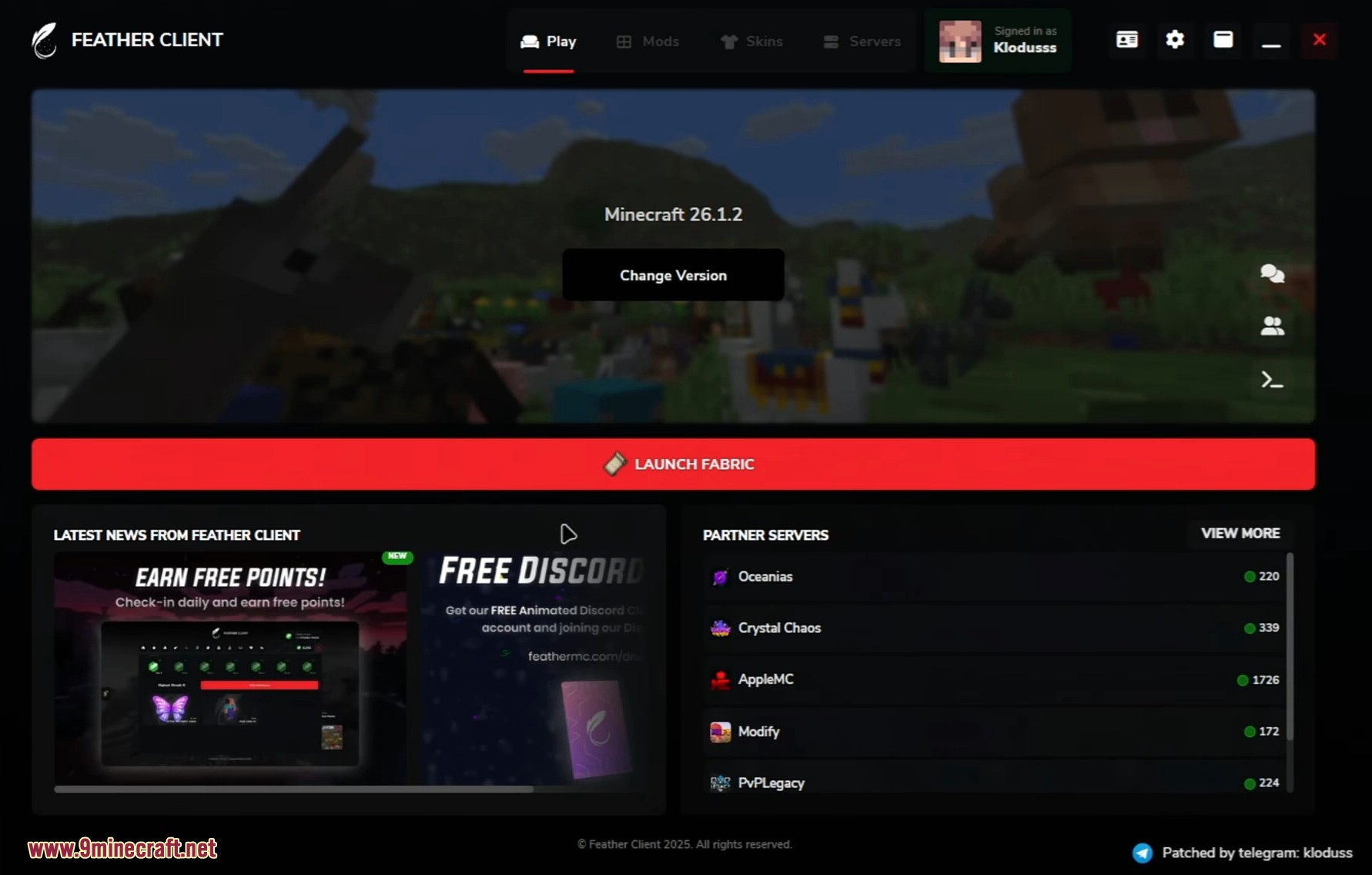 The Feather Client launcher ready to launch Minecraft