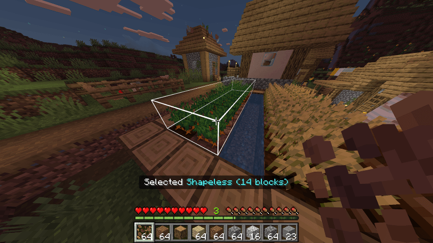 Files Ultimine Vein Mining 3x3 Mining Addon Mod Screenshot 1 Highlighting multiple carrot crops with a white wireframe selection box