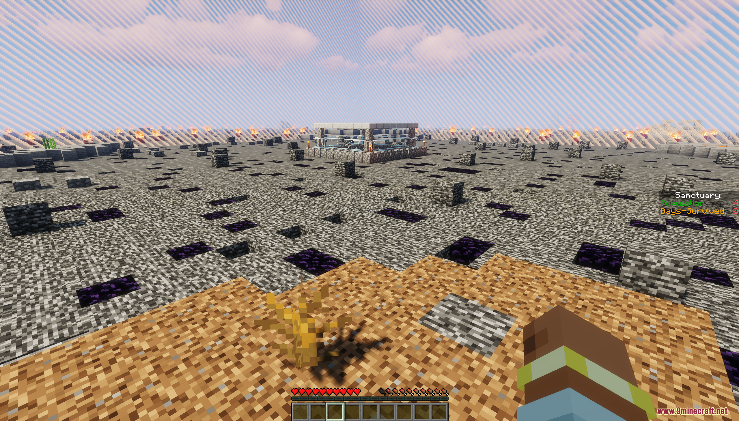 Player holding wheat seeds looking at distant Sanctuary across bedrock wasteland