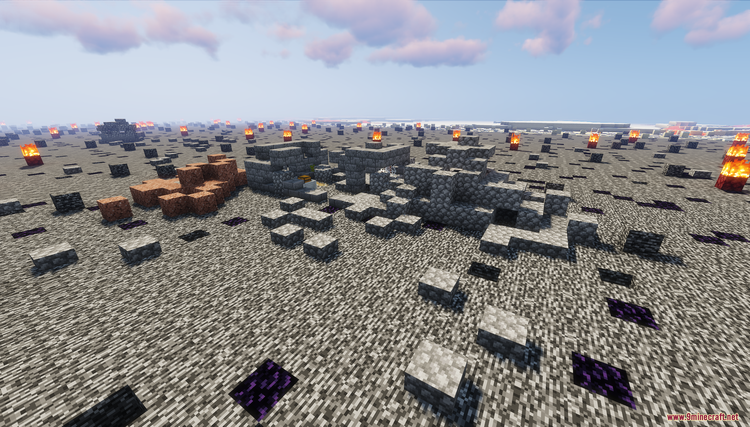 Small cobblestone ruins with a hidden chest in a desolate wasteland