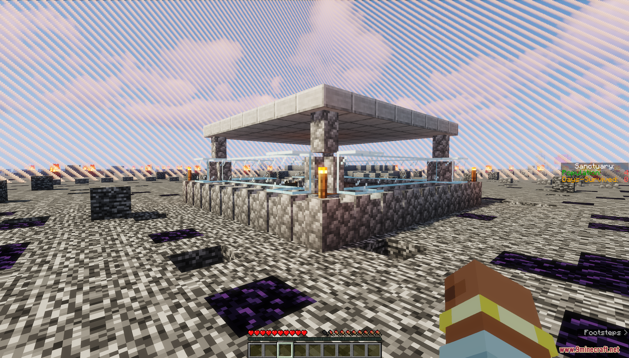 The cobblestone and glass Sanctuary safe zone surrounded by bedrock wasteland