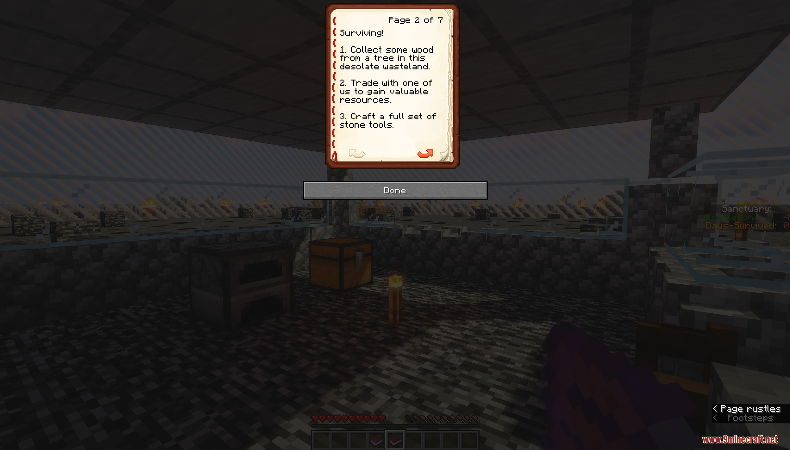 Player reading a survival quest book inside a cobblestone room