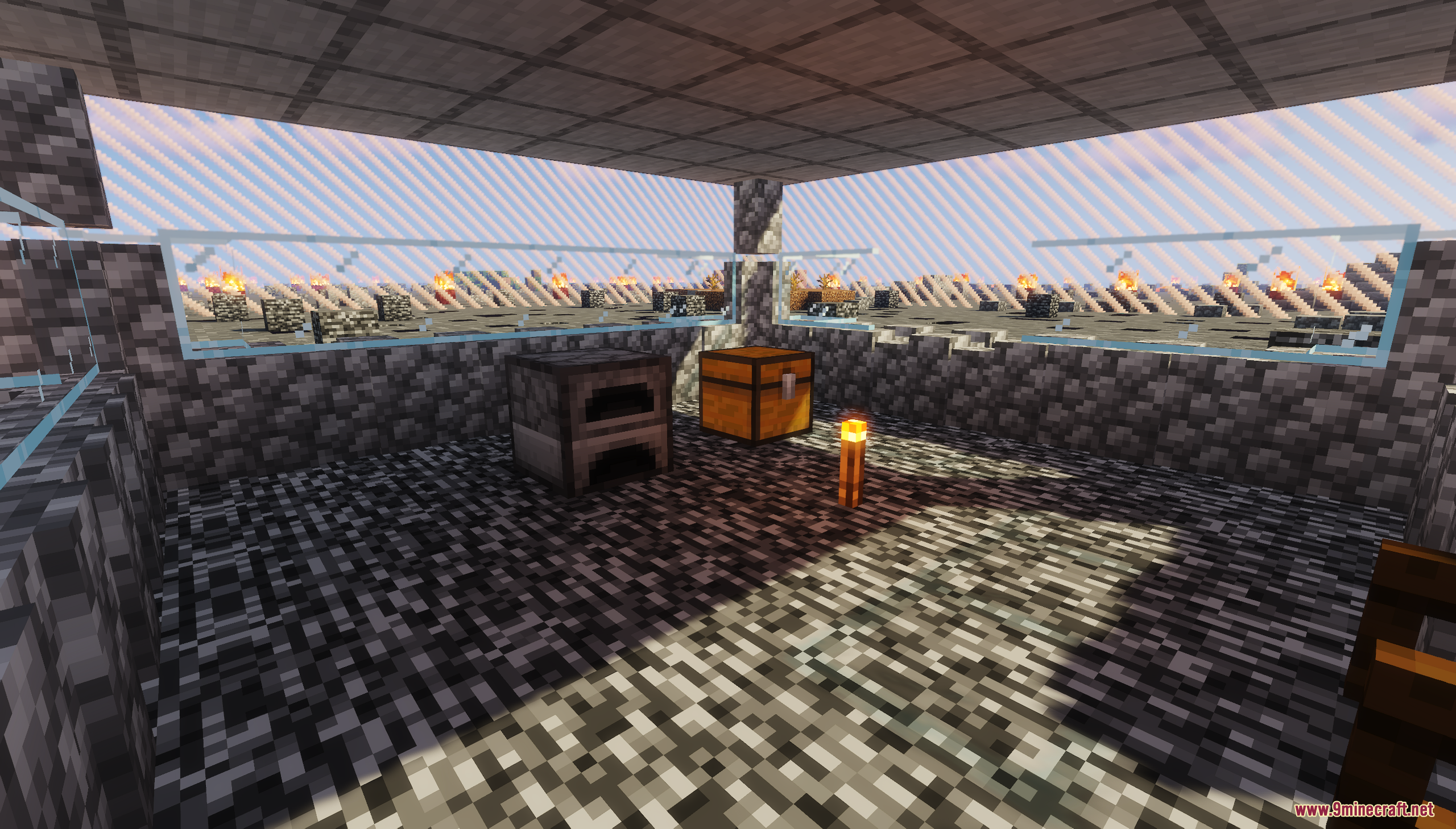 Small safe room with furnace and chest overlooking the wasteland