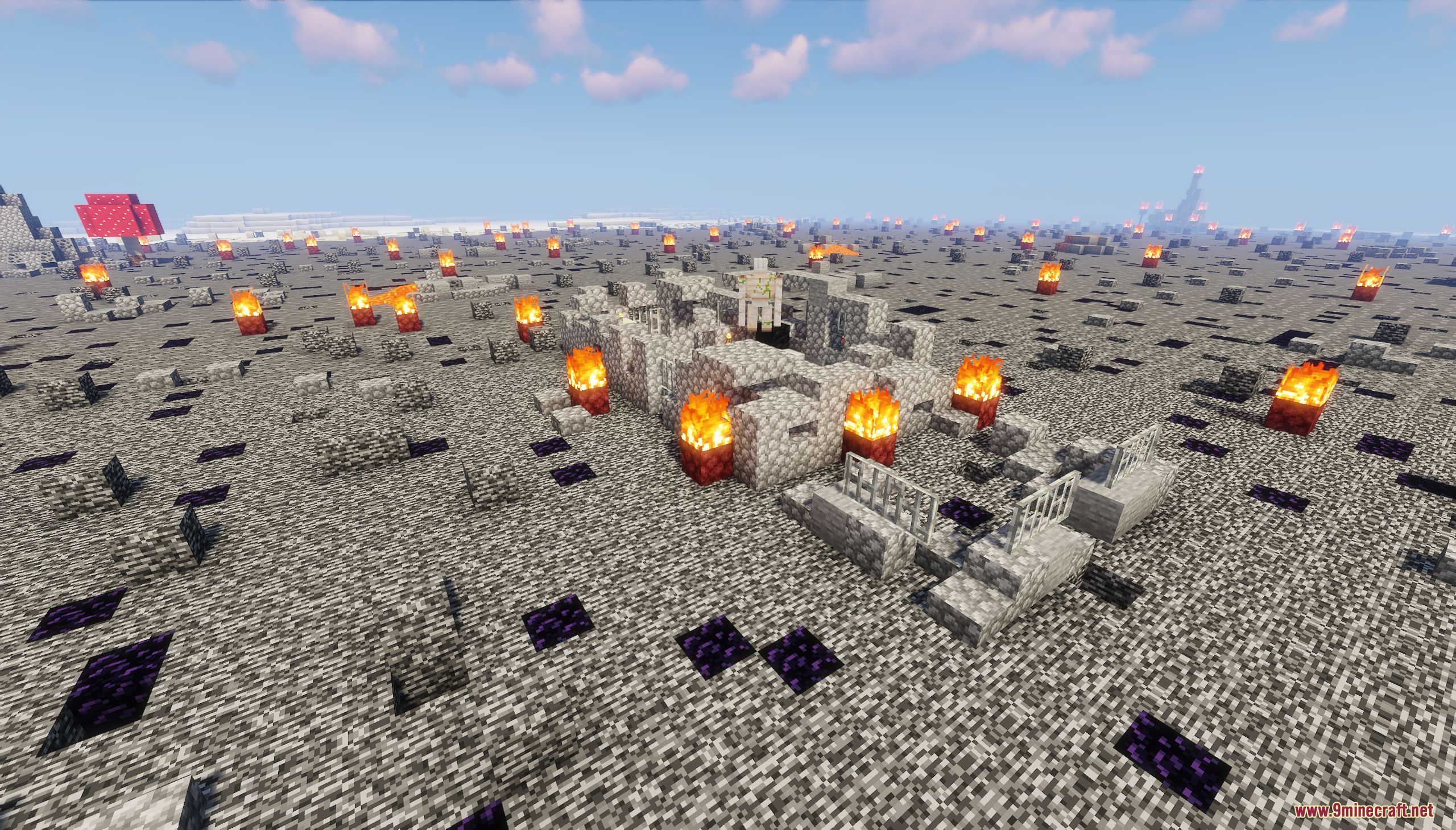 Iron golem guarding cobblestone ruins in a burning bedrock wasteland