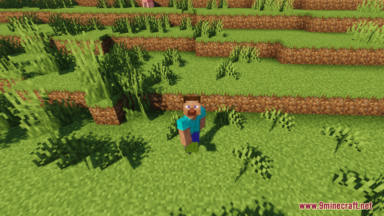 A player character stands in a hilly, grassy biome
