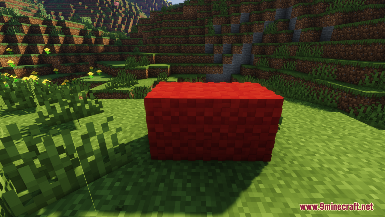 A close-up view of a red fluffy carpet block