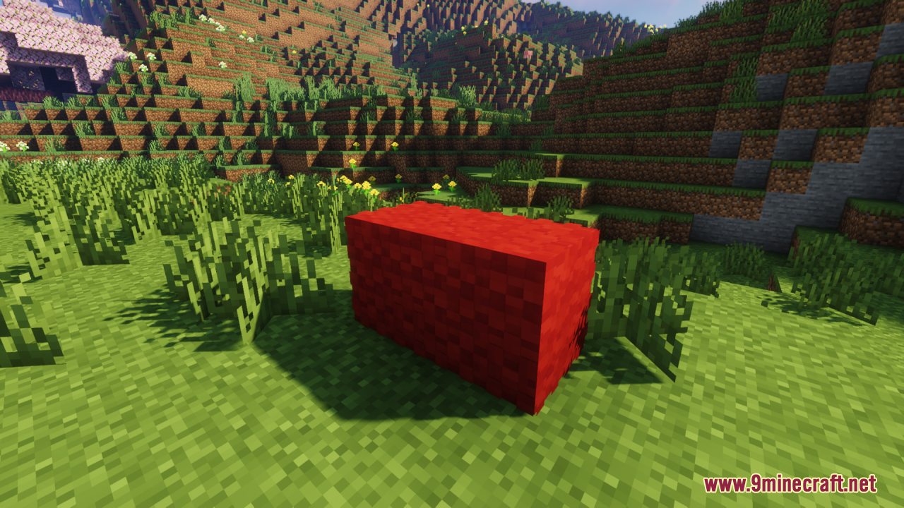 A red fluffy carpet block placed in a grassy field