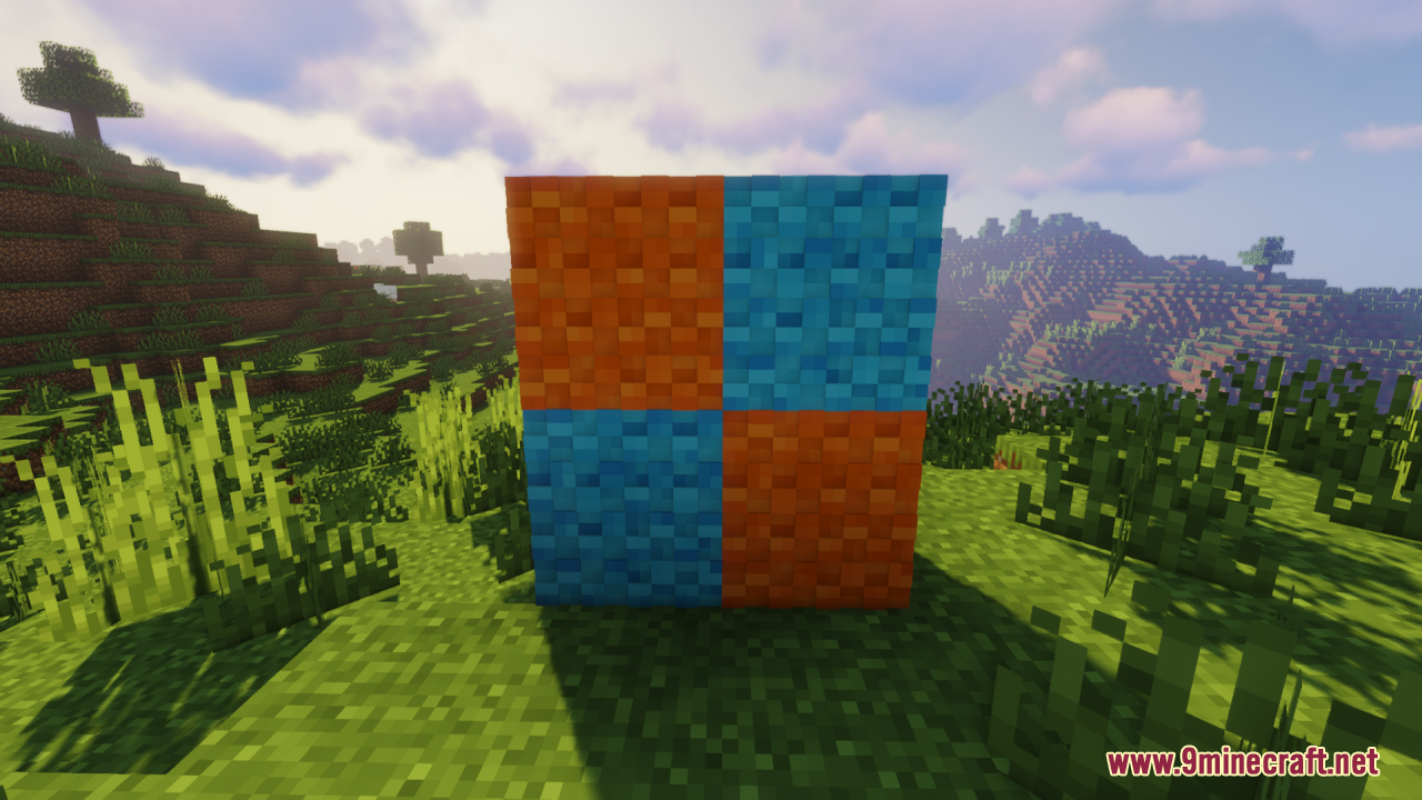 A checkerboard wall of orange and cyan fluffy wool blocks