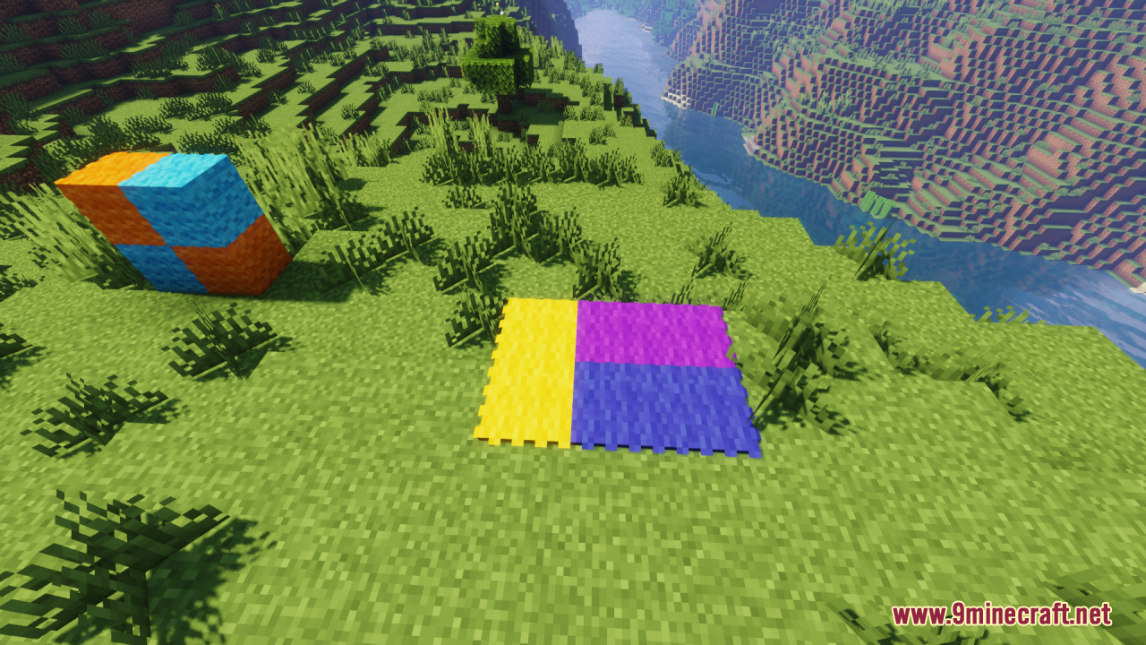 Fluffy 3D wool and carpet blocks on a hill