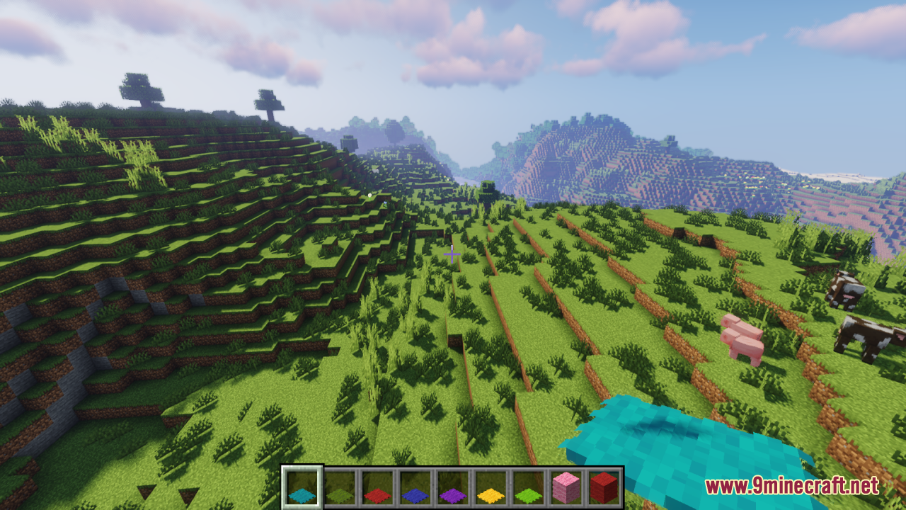 Player hotbar with various fluffy carpets and wool blocks