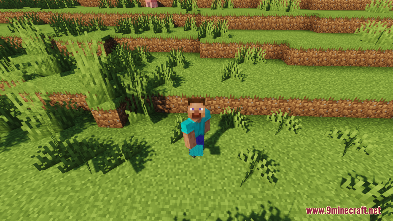 Steve standing on grass with the Fluffy Carpets Texture Pack