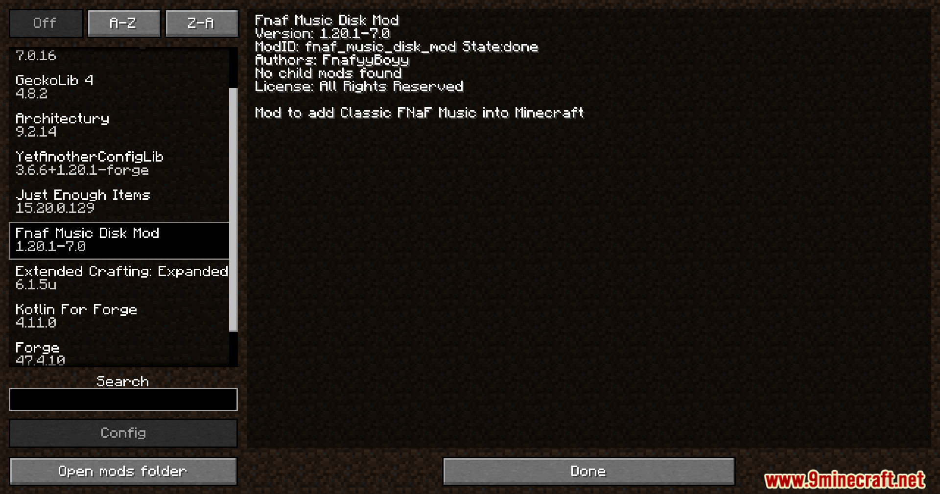 Minecraft mod menu showing the Fnaf Music Disk Mod installed