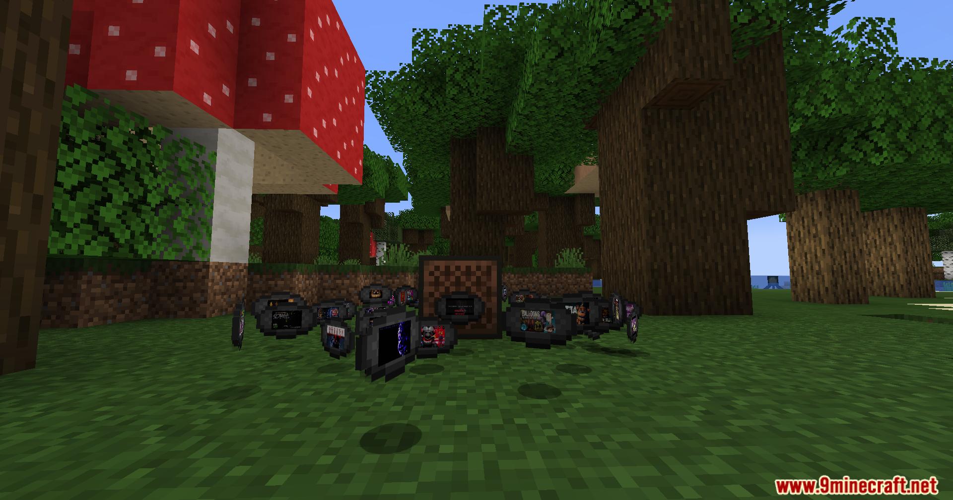 Several new custom music records surrounding a jukebox in the forest