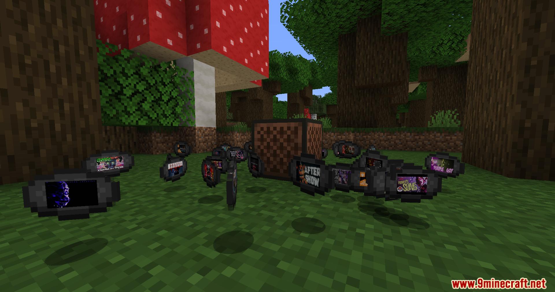 Multiple Fnaf Music Discs scattered around a jukebox block