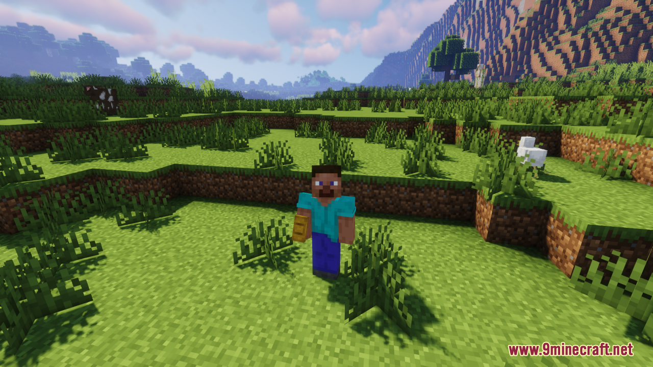 Minecraft player holding a 3D loaf of bread in the overworld