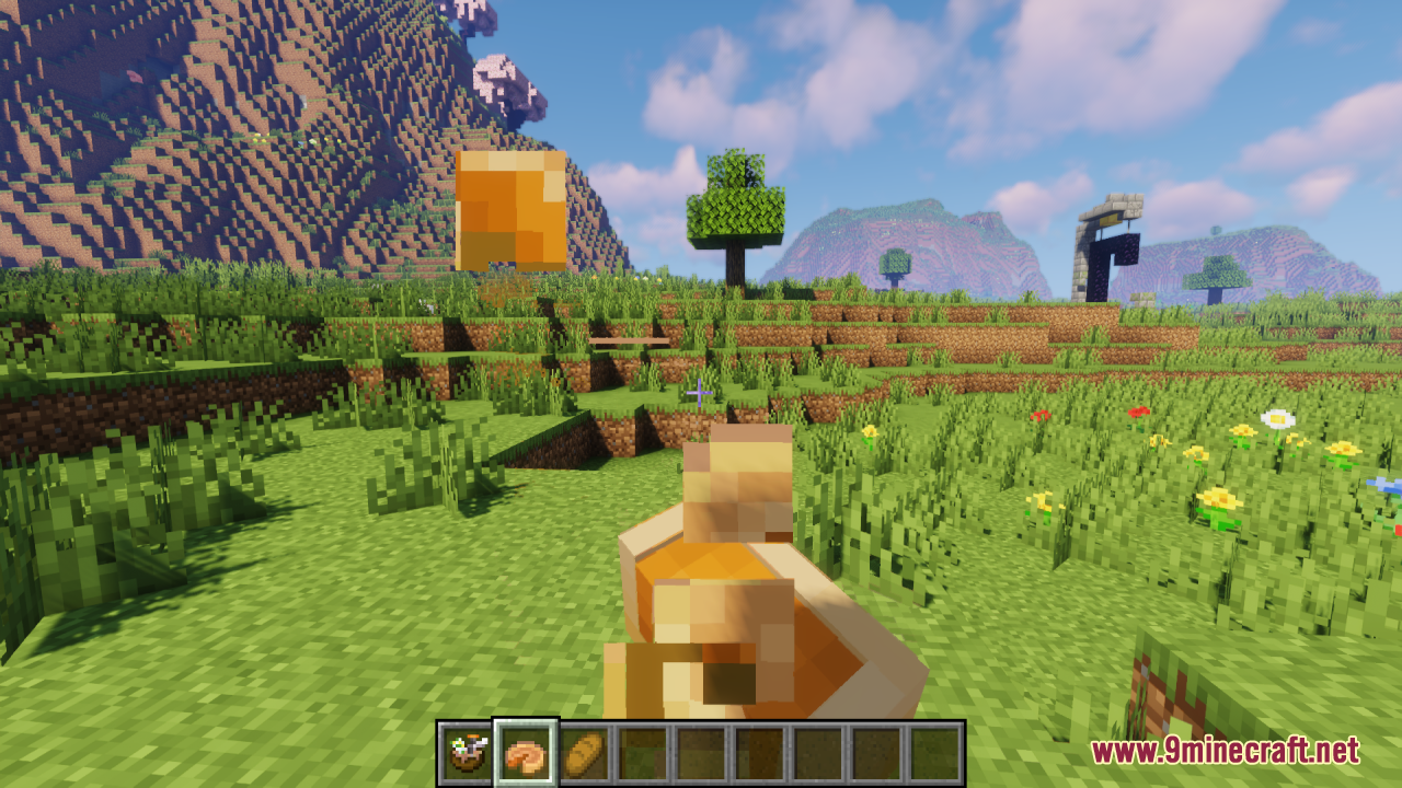 Player eating a 3D pie with custom bite particles flying off