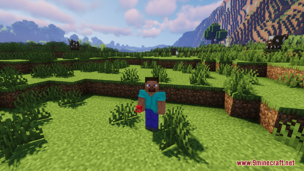 Third person view of Steve holding a 3D red apple