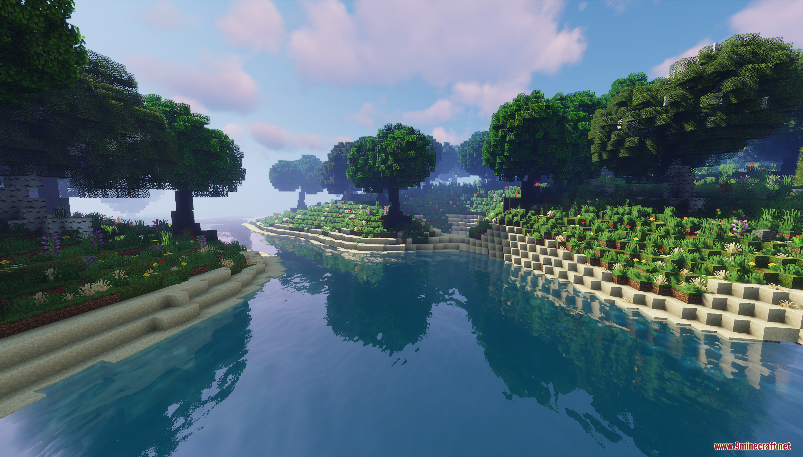 Scenic river view in the Fugue Forest Map with custom trees