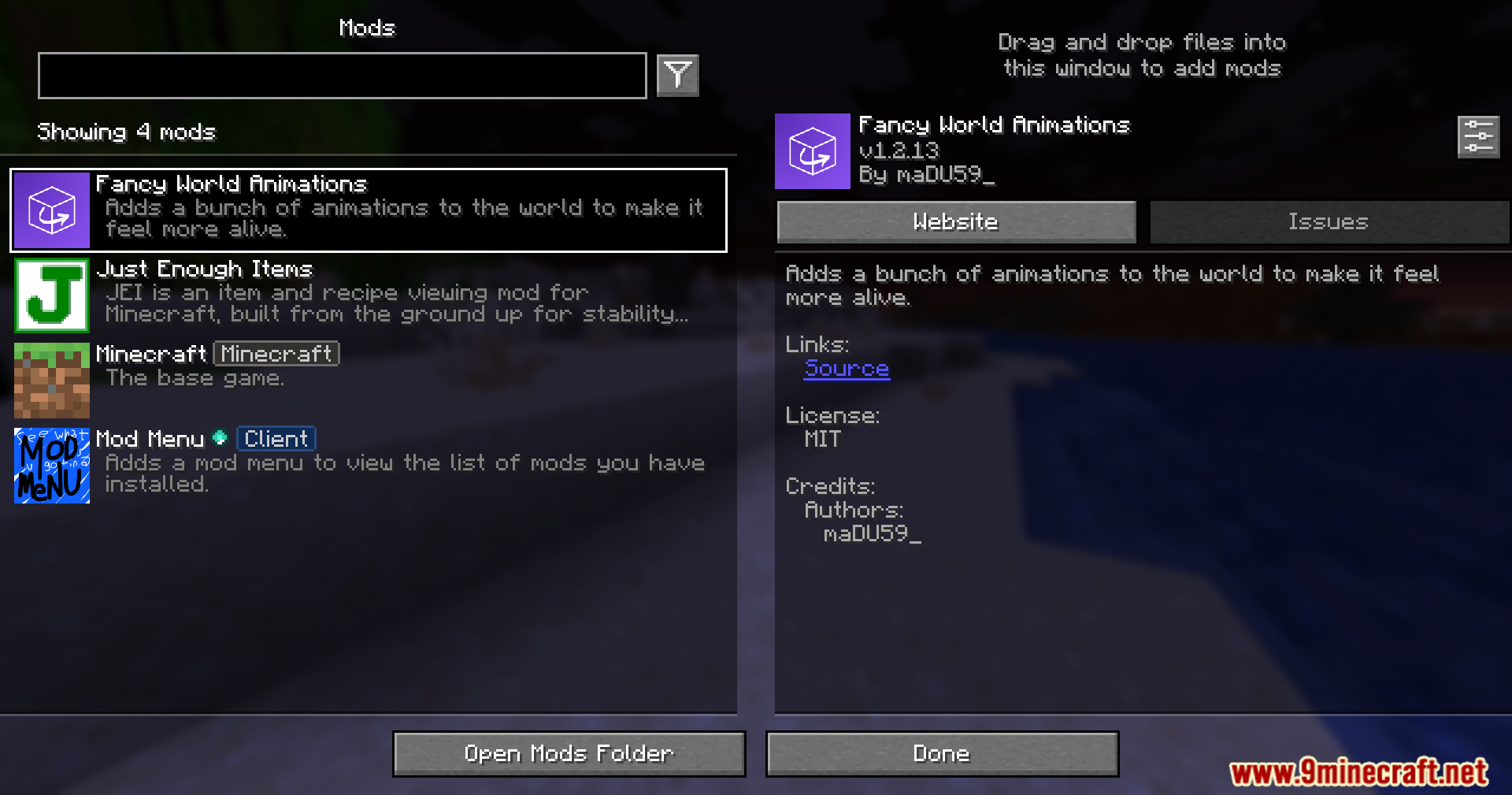 Mod menu screen showing the Fancy World Animations mod installed