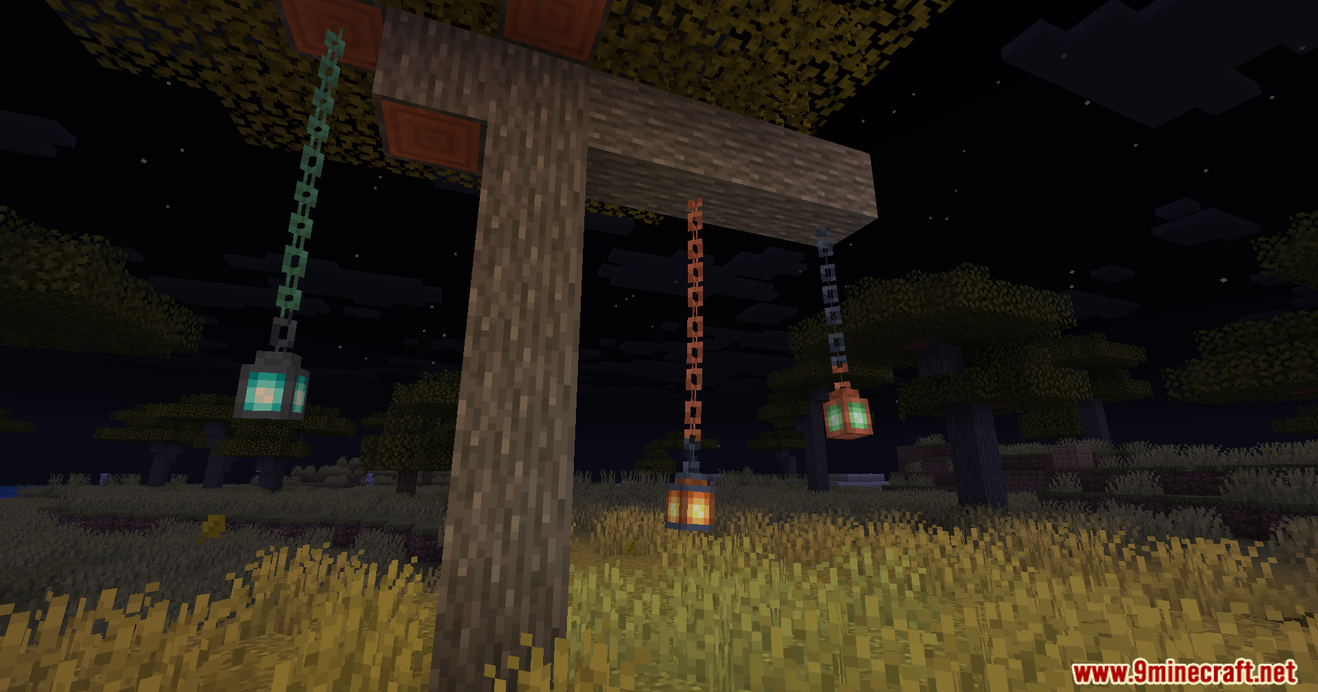 The hanging lanterns begin swinging to the left side together