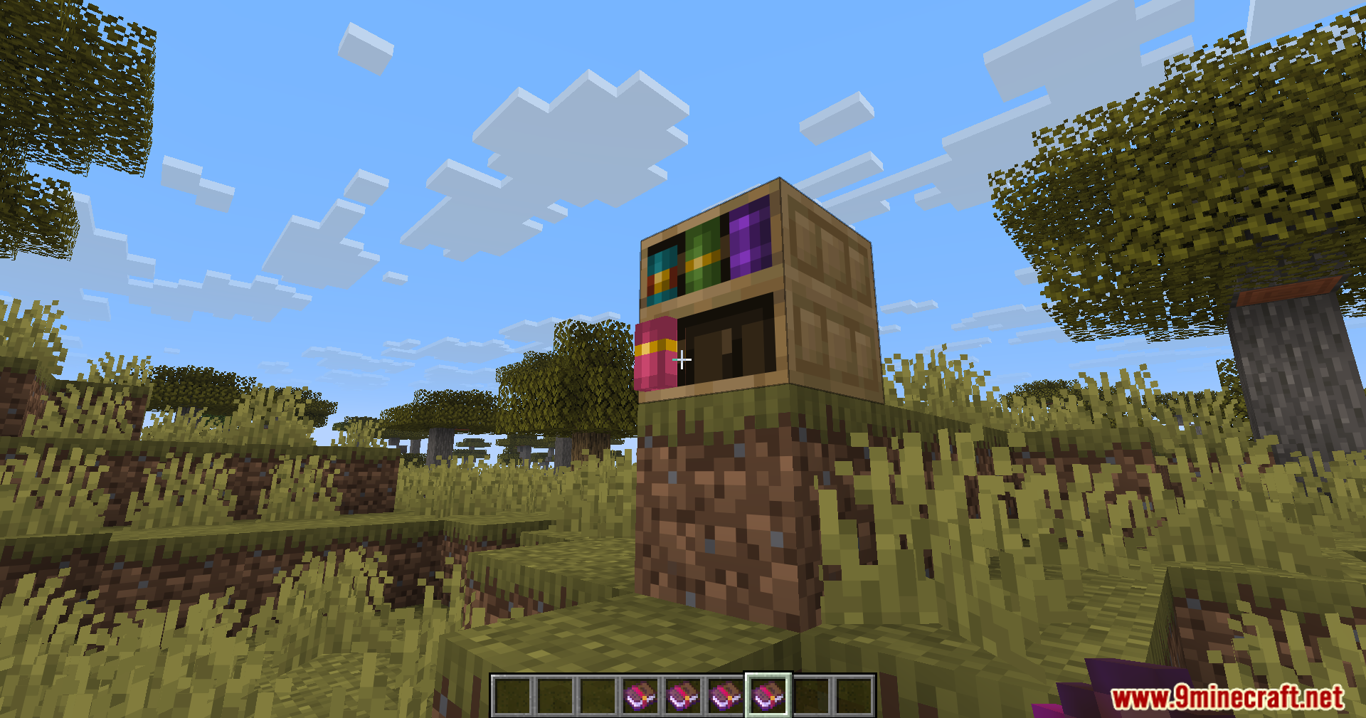 Player interacting with animated chiseled bookshelf in the savanna biome