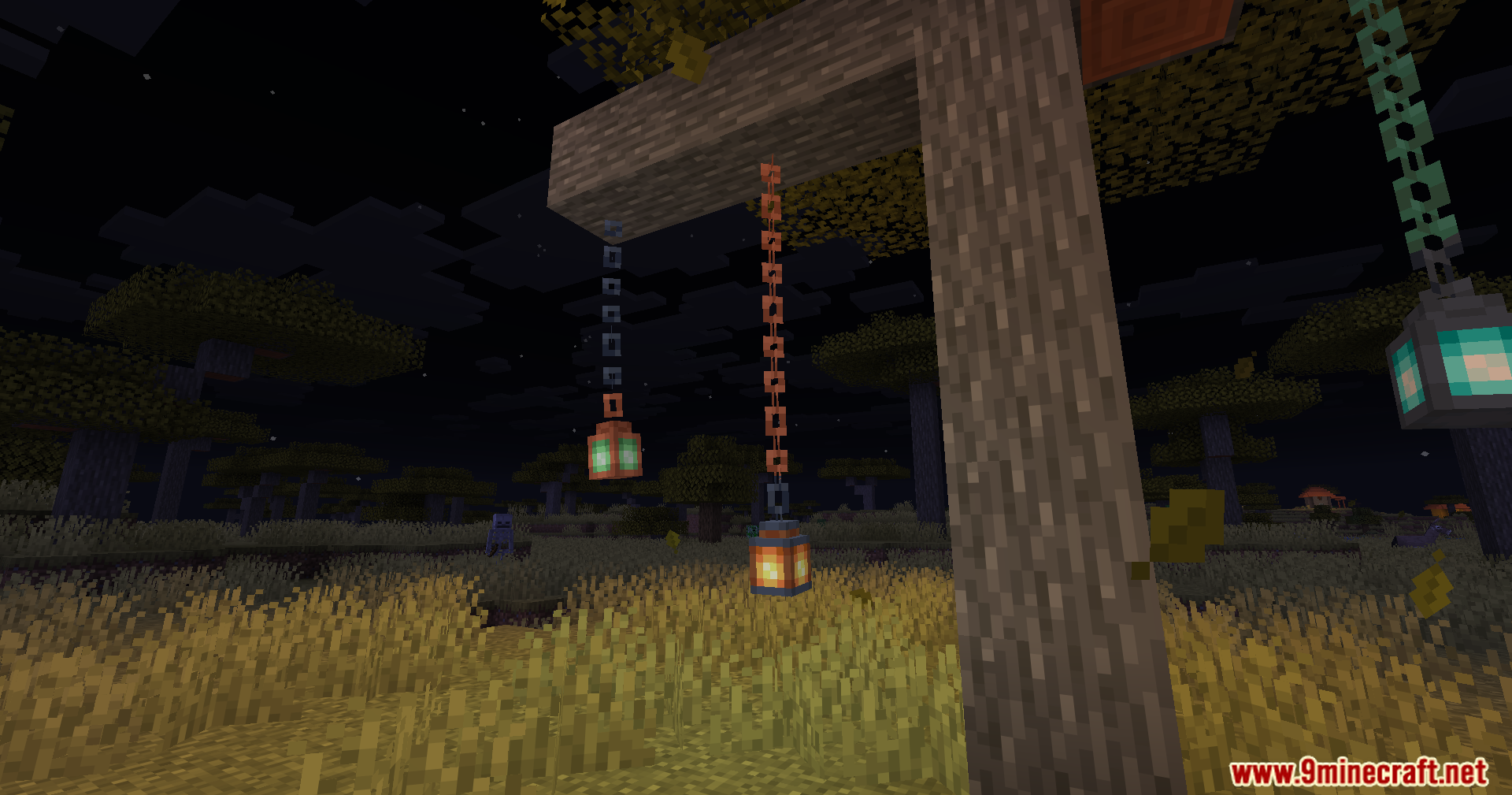 Fwa Mod swinging lanterns hanging from chains in the dark