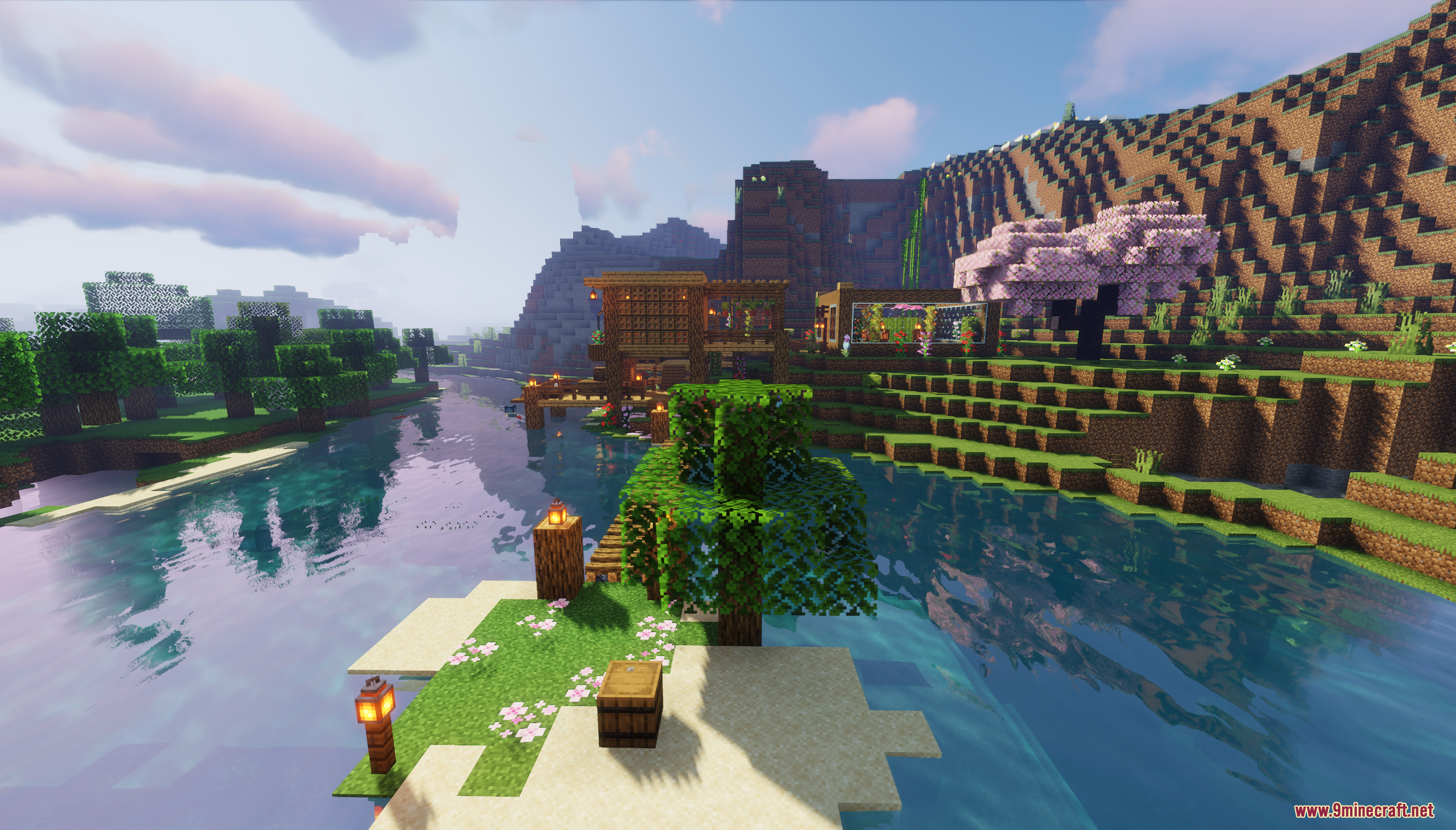 Scenic view of the riverside house from a small island