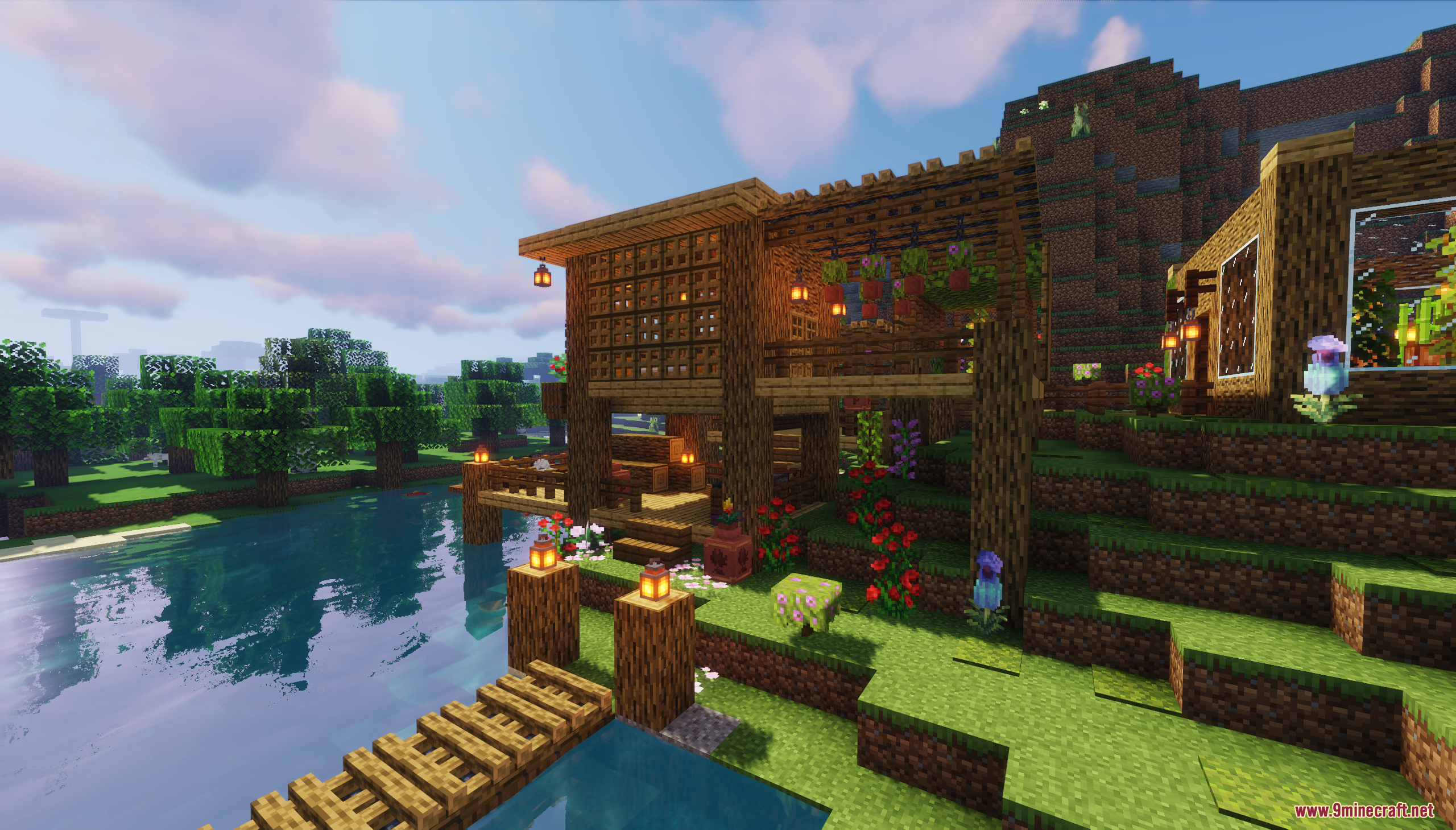 Wooden house balcony decorated with flowers and lanterns