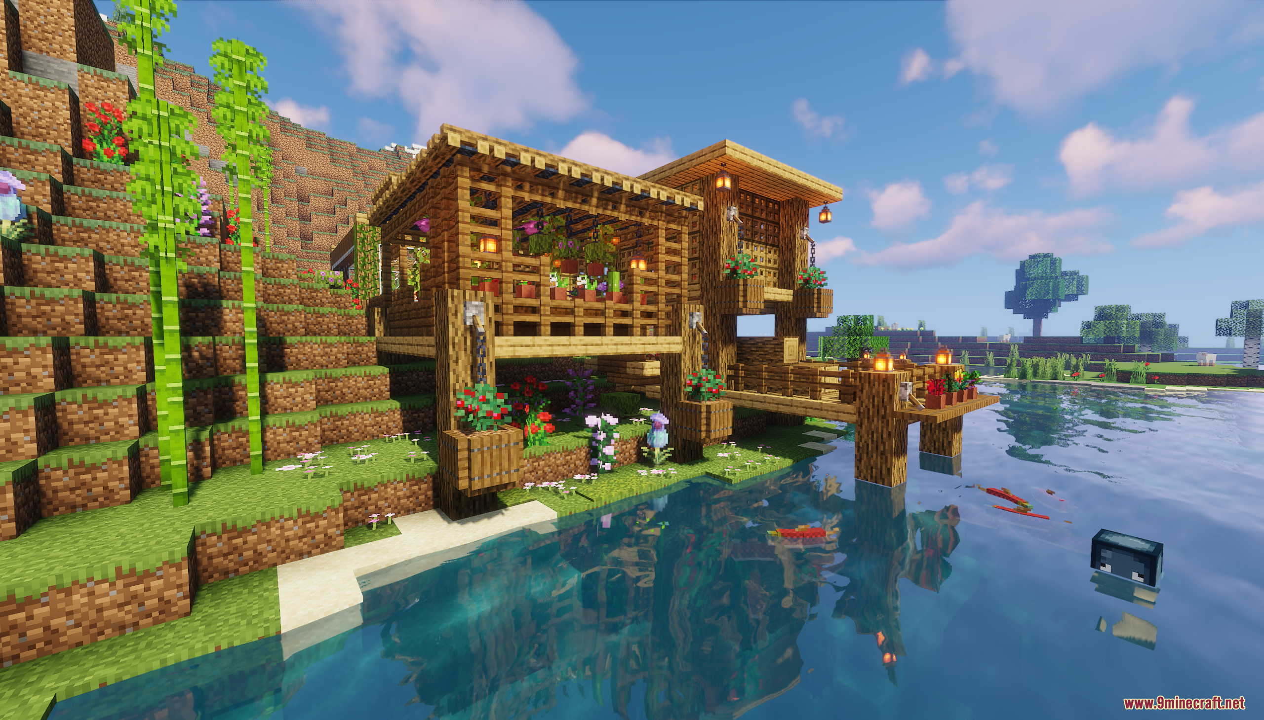 A beautiful wooden house built on the riverside