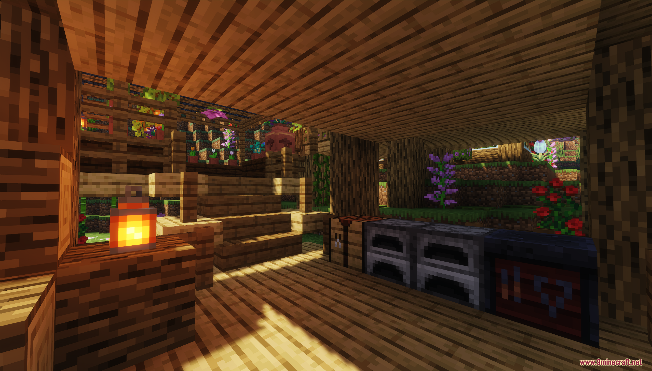 The cozy interior with furnaces and a crafting area
