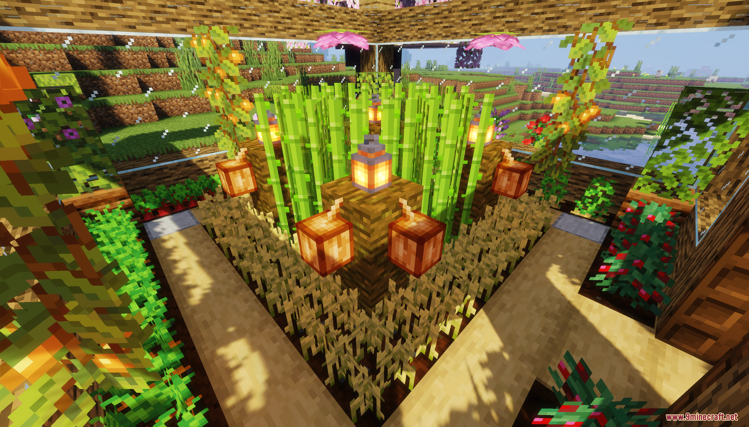 A small indoor farm with sugar cane and lanterns