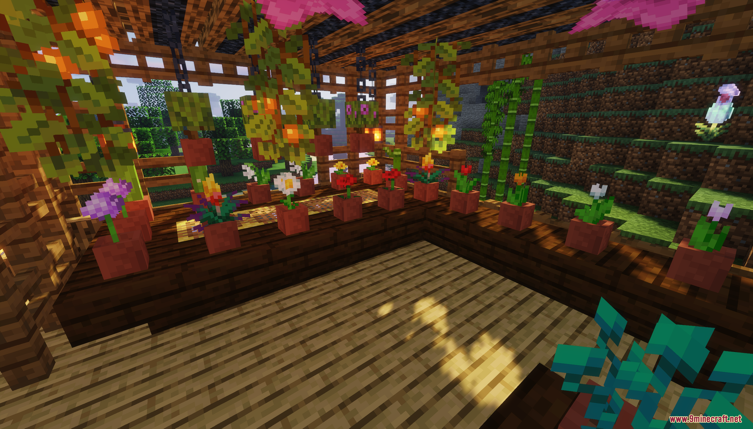 A cozy greenhouse filled with various potted plants and flowers