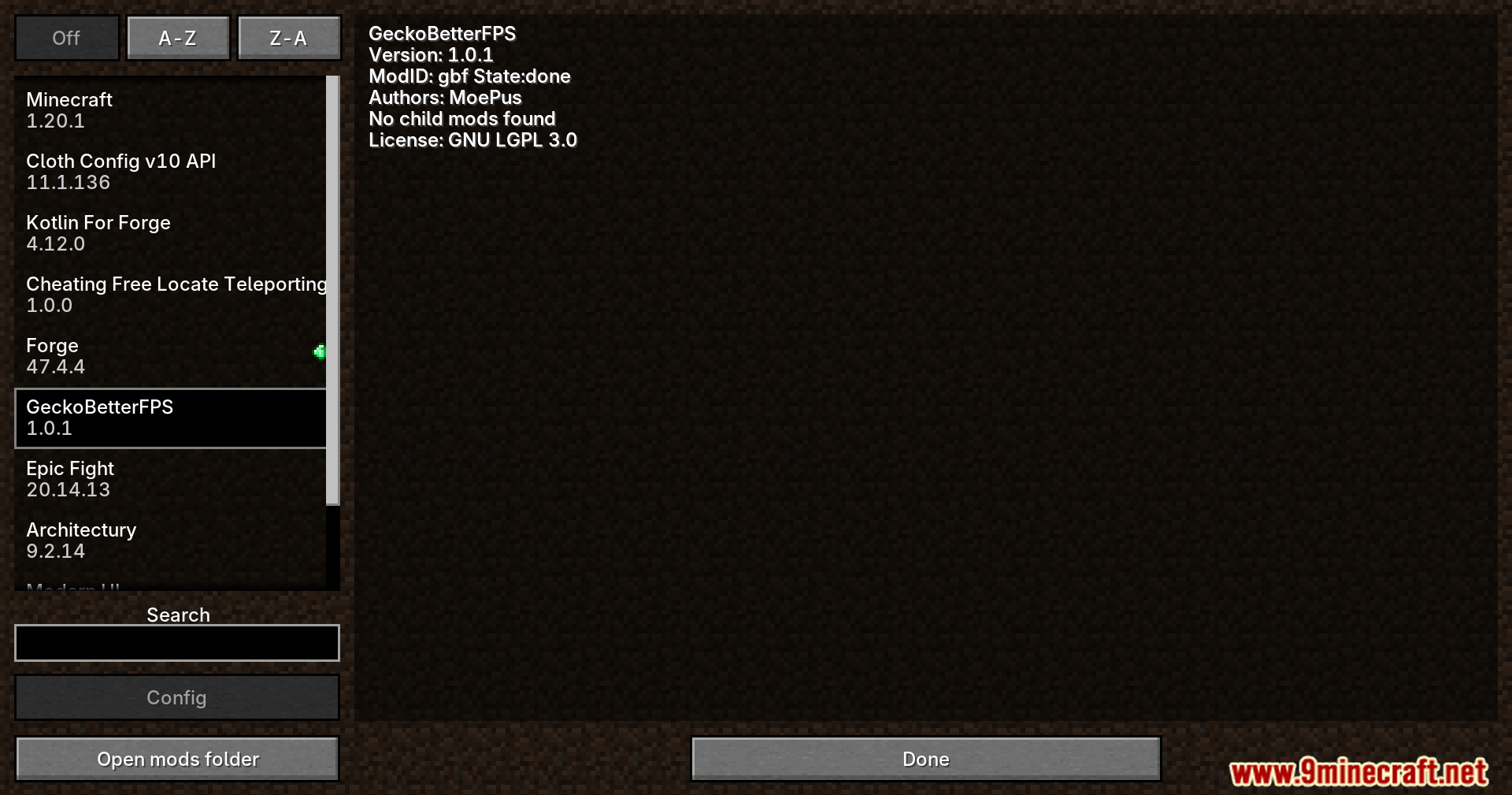 Minecraft mod list menu showing the GeckoBetterFPS mod installed