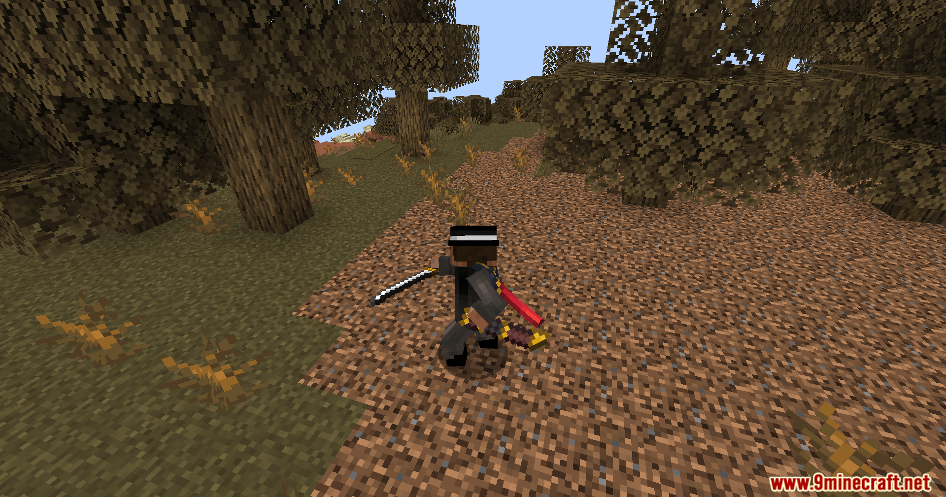 Character completing a weapon swing animation in a wooded area