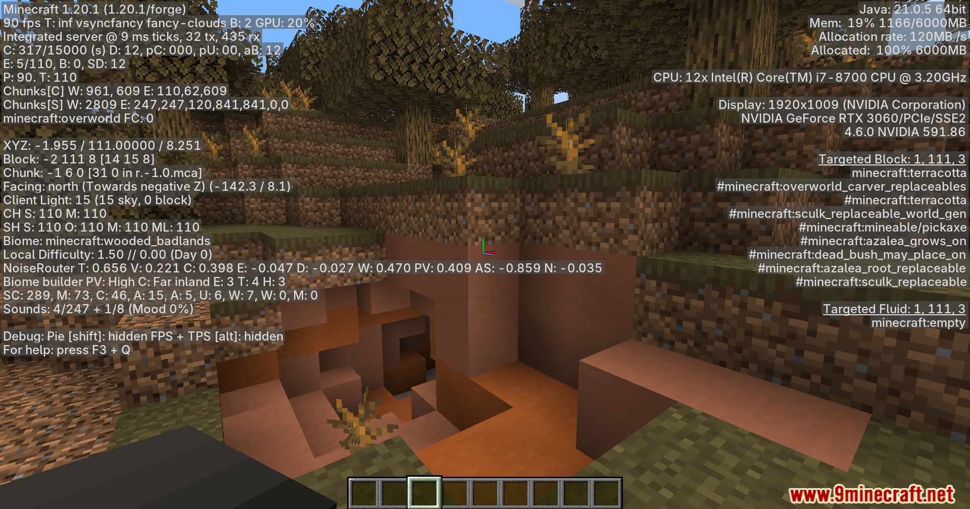 Player viewing the debug screen showing game performance in badlands