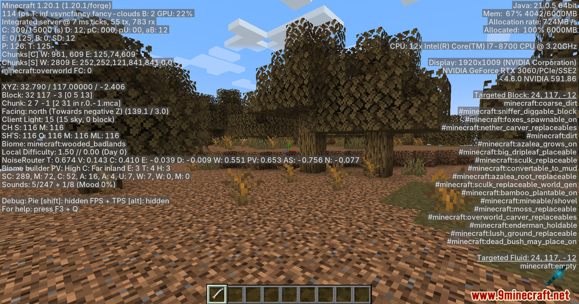 Minecraft debug screen displaying high frame rate in wooded badlands environment