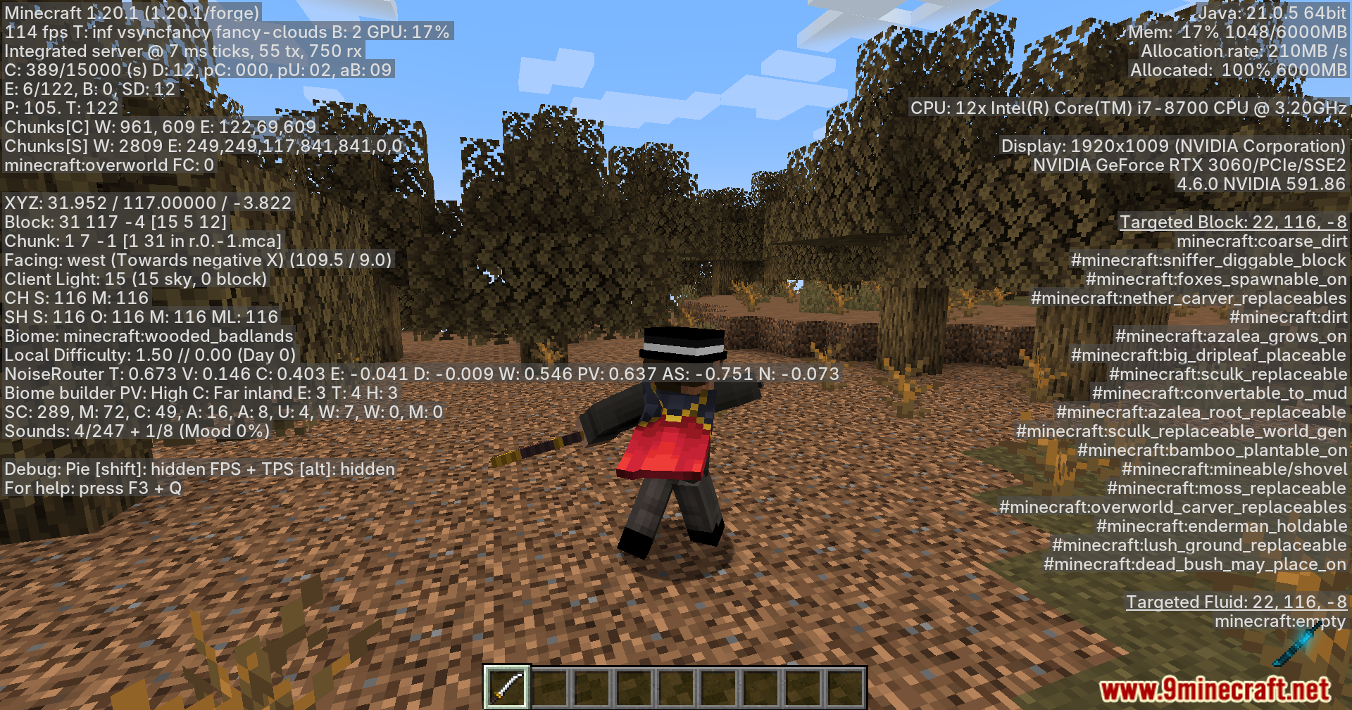 Player character and debug screen showing performance with Geckolib Betterfps Mod