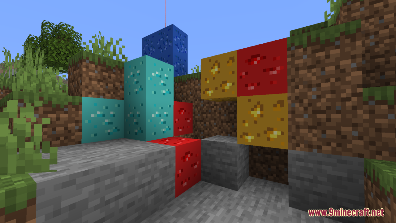 Colorful glowing ore blocks embedded into a small dirt hill