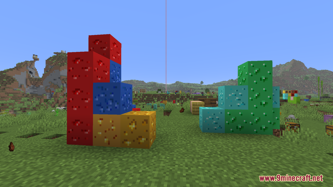 Colorful structures built using various glowing ore blocks in game
