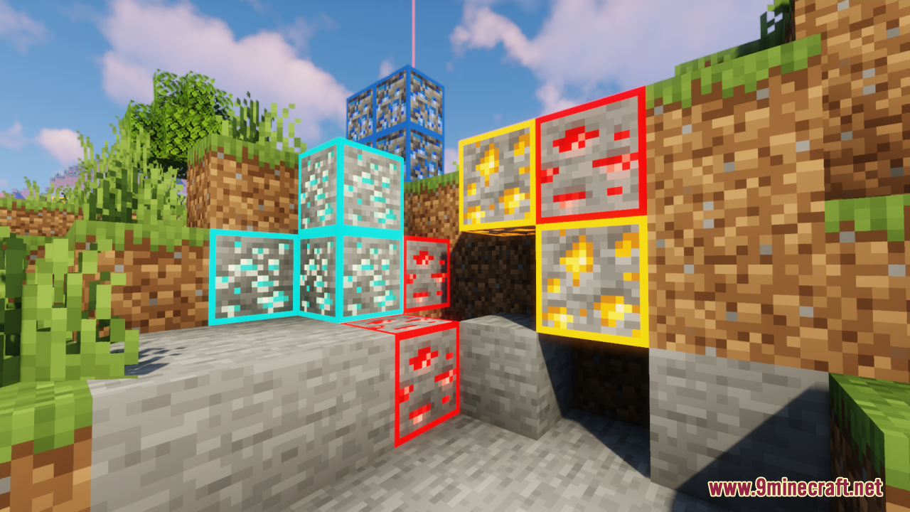 Various glowing ores including diamond, redstone, and gold in a landscape