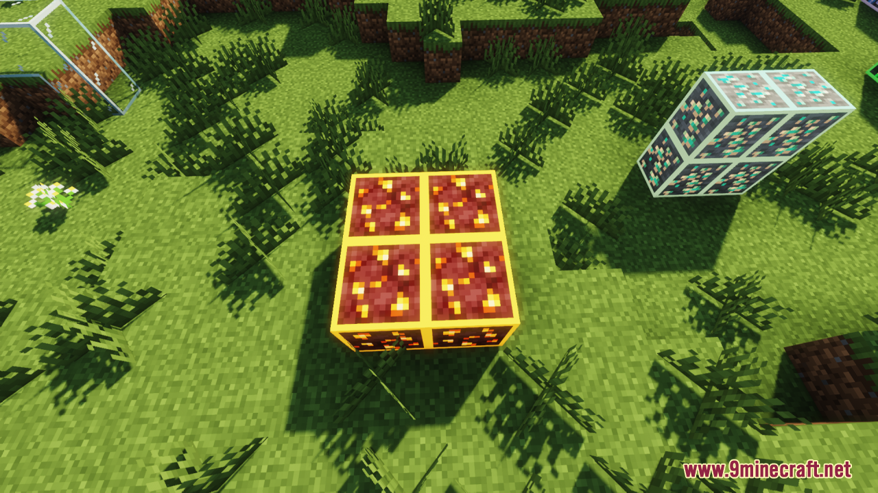 Glowing nether gold ore blocks with bright yellow outlines on grass