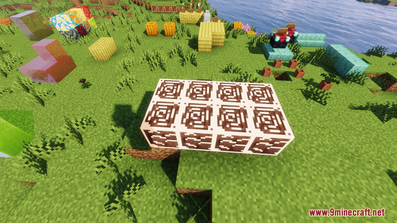 Several glowing raw iron blocks placed flat on the grassy ground