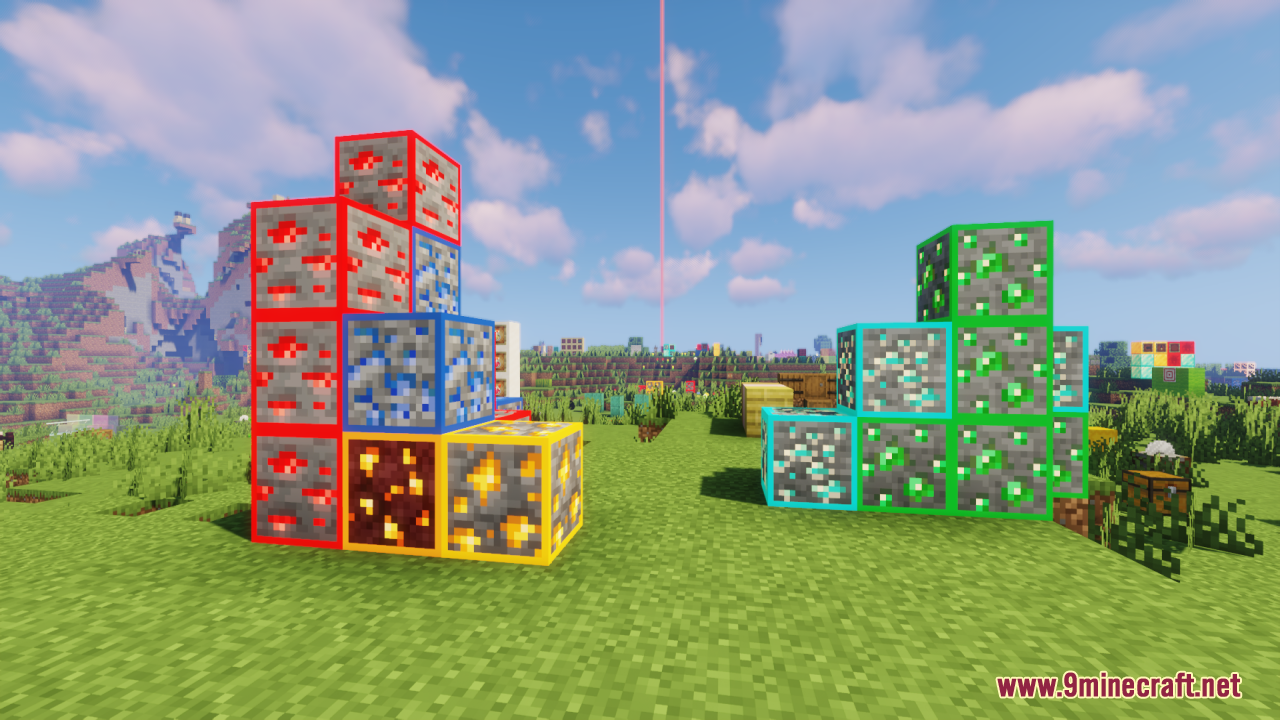 Various Minecraft ore blocks highlighted with bright colored glowing borders