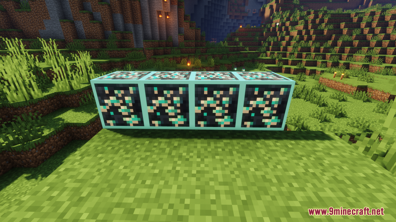 Row of four diamond ore blocks featuring glowing cyan borders