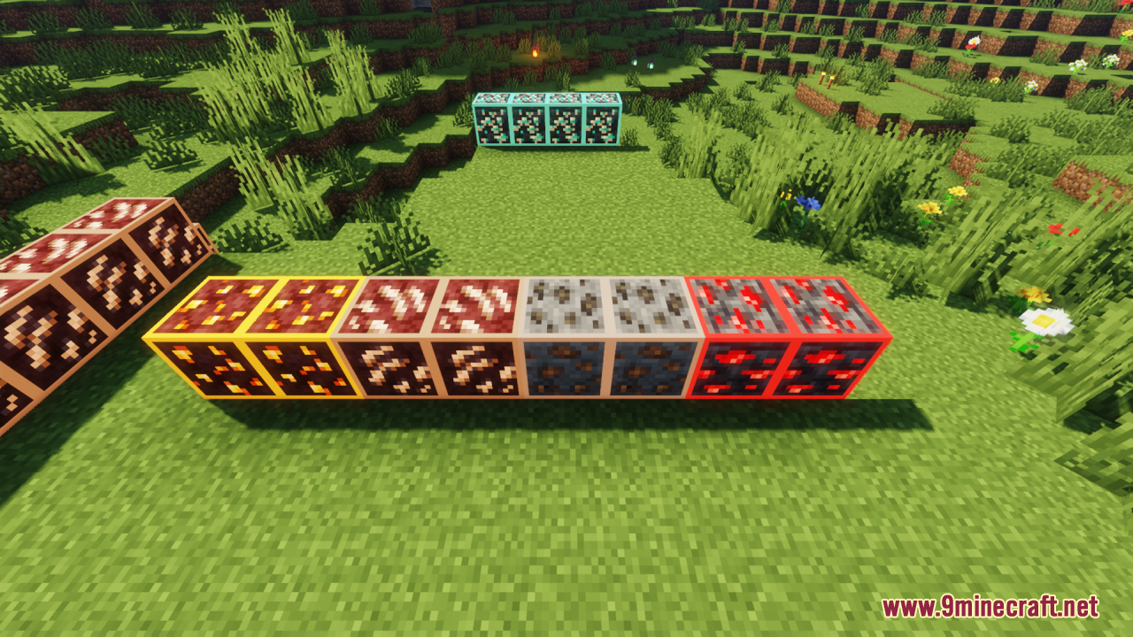 Line of glowing animated ores placed on grass blocks in daylight