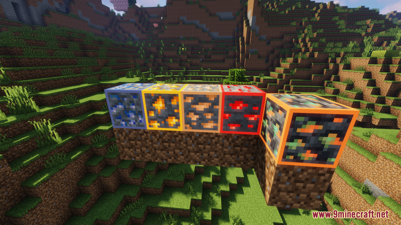 Various glowing ores placed on dirt blocks in a grassy area
